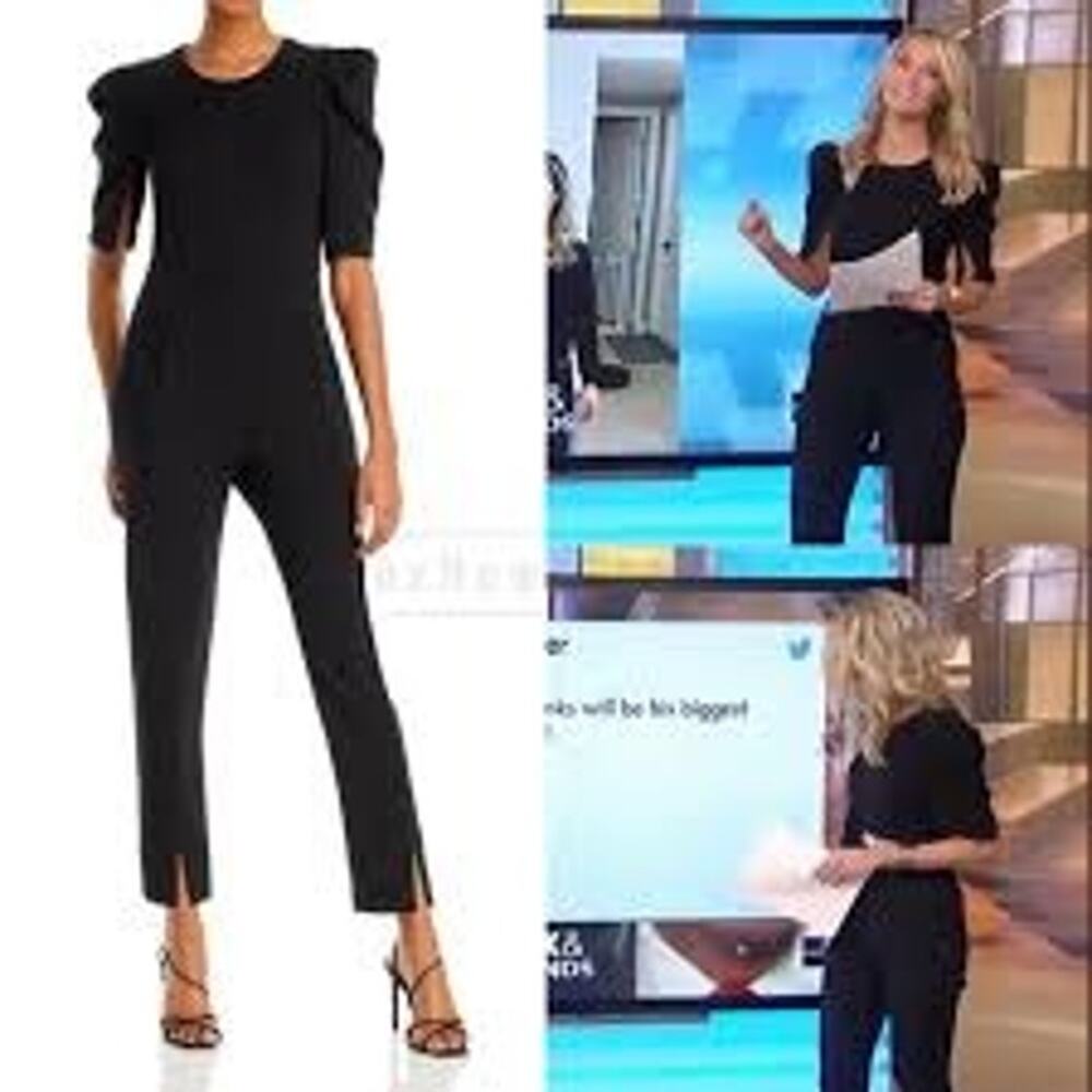Black Halo Russo Puff Shoulder Slit Jumpsuit Black Size 8 Slim Leg Front Pockets - Picture 3 of 15